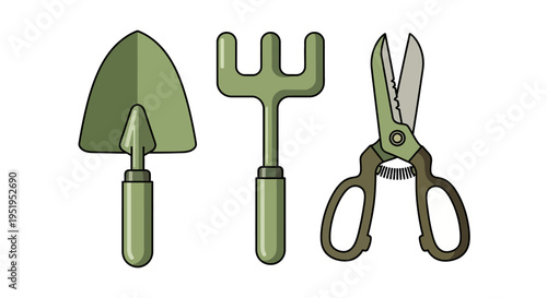 Flat Vector Illustration Set of Gardening Tools: Trowel, Rake, and Pruning Shears