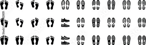 footprints and shoe sole icon set, vector silhouettes of human feet, sneakers and boot tread prints isolated on transparent background