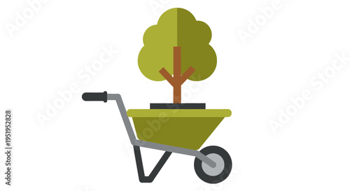 Wheelbarrow Carrying a Tree Flat Vector Illustration for Gardening and Environment Concepts
