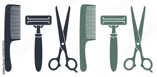 Essential grooming tools including combs, razors, and scissors arranged neatly.