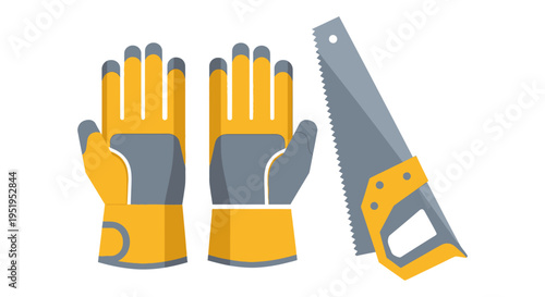 Pair of Professional Work Gloves and a Metal Hand Saw Vector Illustration for Construction and Carpentry