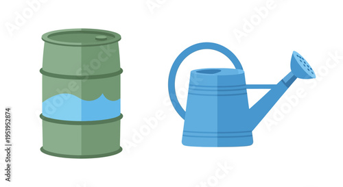 Rain Water Harvesting Illustration with Green Storage Barrel and Blue Watering Can Isolated on White Background