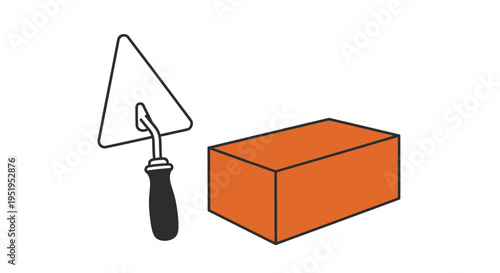 Minimalist Illustration of a Masonry Trowel and Red Brick on White Background