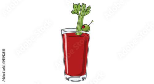 Classic Bloody Mary Cocktail Illustration with Celery and Olive Garnish - Isolated Vector