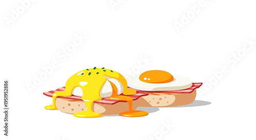 Gourmet Breakfast Illustration with Eggs Benedict, Hollandaise Sauce, Fried Egg, and Bacon on English Muffins - Flat Vector Art