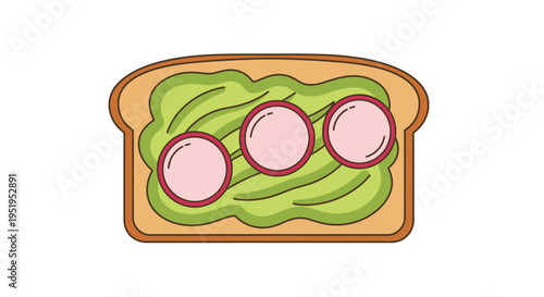 Flat Vector Illustration of Healthy Avocado Toast with Sliced Radishes. Minimalist Design of Nutritious Vegan Breakfast or Brunch Snack Isolated on White Background.