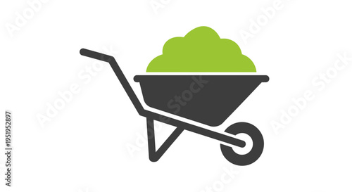 Minimalist Wheelbarrow Icon with Green Soil or Compost - Flat Vector Illustration for Gardening, Landscaping, and Agriculture Concepts