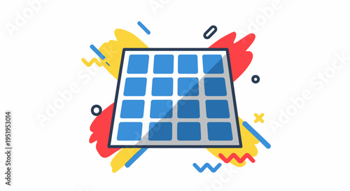 Modern Photovoltaic Solar Panel Icon with Abstract Memphis Style Geometric Background Elements for Renewable Green Energy Concepts