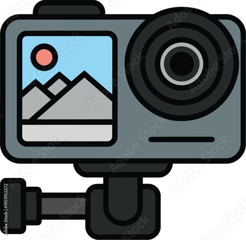 Action camera icon illustration, gopro style vector template representing compact video device for sports recording, travel filming, and adventure content.