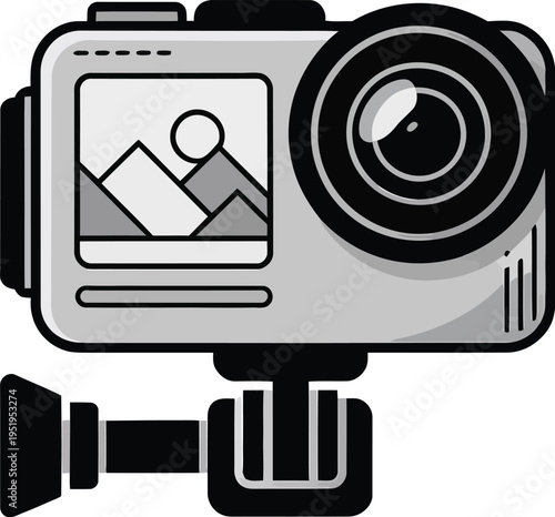 Action camera gopro style illustration, vector icon template of compact video device for sports recording, travel filming, and adventure content.