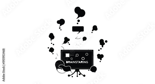 Brainstorming concept with computer monitor and thought bubbles, creative idea generation and innovation process, modern business and technology