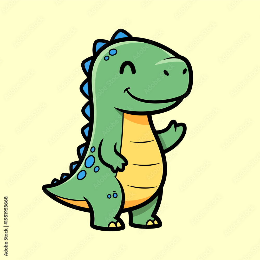 Fototapeta premium Cute green cartoon dinosaur waving hello, a friendly character illustration