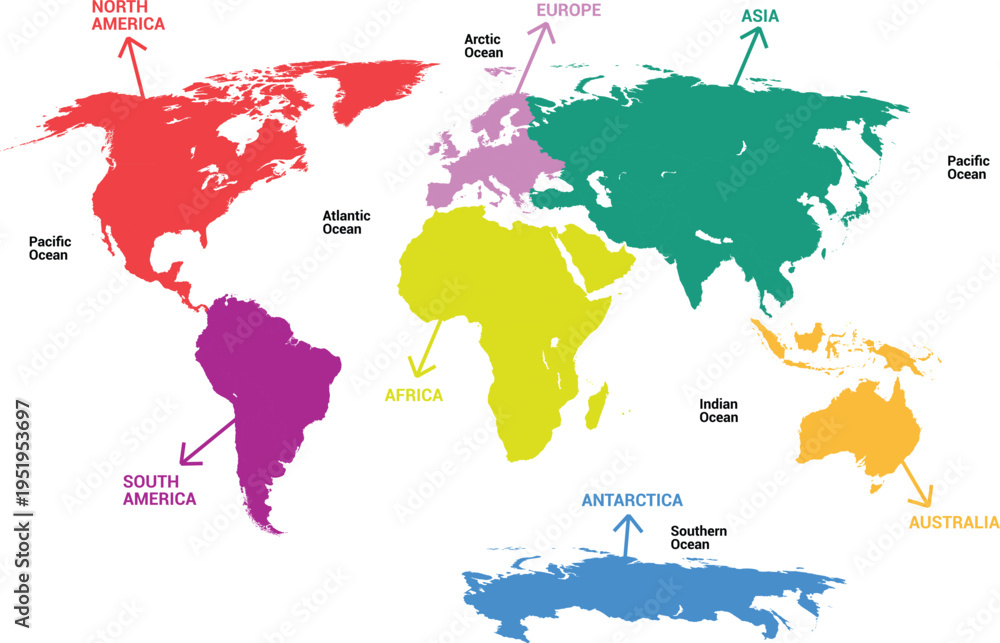 Obraz premium World map illustration showing continents and oceans, featuring clear geographical boundaries, modern flat design, ideal for educational purposes, travel graphics, infographics, and global visuals