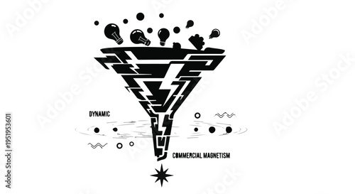 Geometric funnel channeling dynamic elements into commercial marketing concept with abstract shapes and lines in black and white