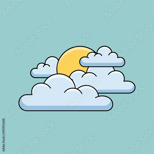 Cartoon sun hiding behind fluffy clouds on a clear blue sky, indicating partly cloudy weather