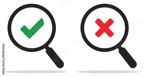 Magnifier with check mark and cross sign icon, symbolizing inspection, verification, approval or rejection, quality control, and analysis concept vector