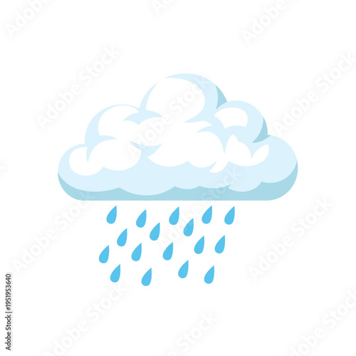 A stylized illustration of a fluffy white cloud raining down blue raindrops against a clean white background, perfect for weather-related designs