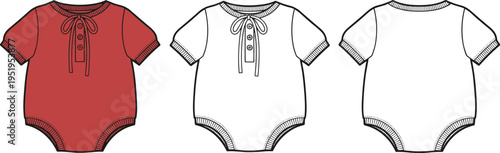 Baby Bodysuit Fashion Flat Sketch Set, Infant One-Piece Romper Technical Illustration Design