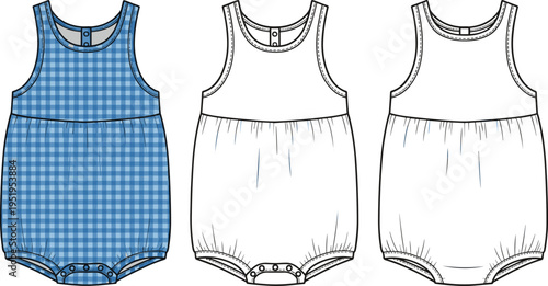 Baby Romper Technical Flat Vector Illustration Set, Infant Sleeveless Bodysuit Tech Pack Template