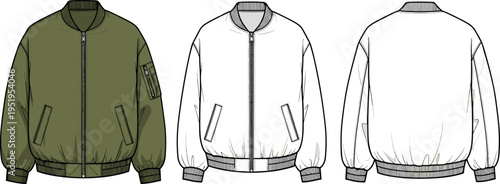 Bomber Jacket Technical Flat Sketch Vector Template, Khaki and White Fashion Illustration Set