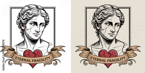 Classical Greek Statue Head with Broken Heart and Ribbon, Eternal Fragility Vintage Illustration