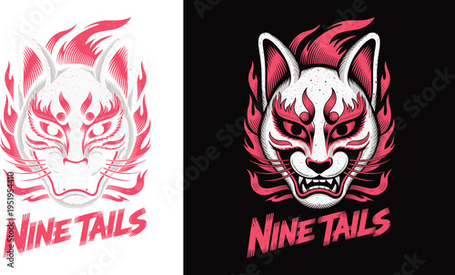 Japanese Nine Tails Fox Mask Kitsune Spirit, Oriental Anime Streetwear Flat Illustration