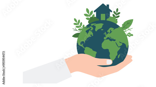 Human hand holding earth globe with green plants and house icon flat