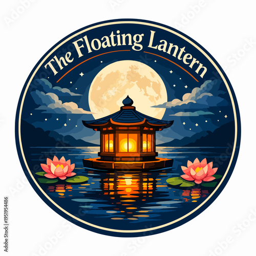 Enchanting floating lantern scene under luminous full moon with temple reflections and lotus blossoms, evoking serenity, remembrance, spiritual ritual, and peaceful night celebration