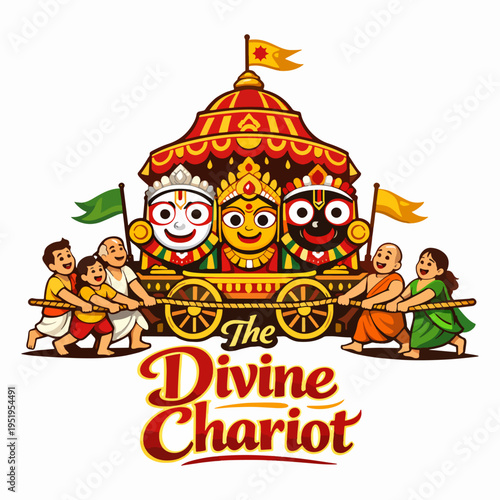 Majestic divine chariot procession with vibrant deities and devotees pulling sacred cart, celebrating devotion, faith, pilgrimage, tradition, spirituality, and cultural grandeur