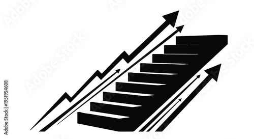 Staircase with upward arrows symbolizing growth success and progress in business and career development on white background