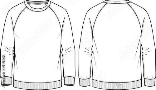 Men's Raglan Sweatshirt Technical Sketch, Long Sleeve Pullover Fashion Flat Illustration