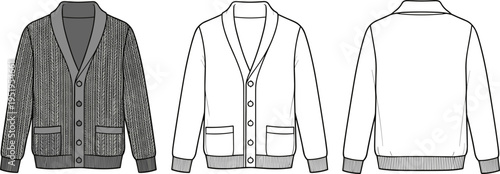 Men's Shawl Collar Cardigan Sweater Technical Sketch Flat Illustration, Front and Back View Vector