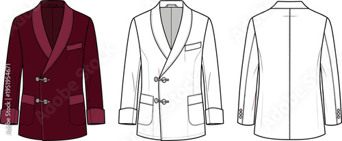 Men's Smoking Jacket with Shawl Collar Flat Vector Illustration Technical Fashion Sketch