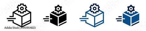 Iconos de logística automatizada. Caja con engranaje en movimiento. Procesos automáticos de distribución. Ilustración vectorial