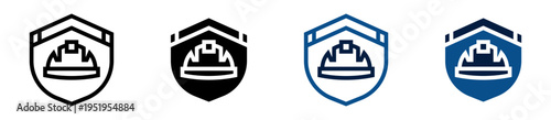Iconos de seguridad en construcción. Escudo con casco que representa protección laboral y prevención de riesgos. Ilustración vectorial