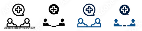 Iconos de consulta médica. Personas reunidas con símbolo de salud. Atención clínica y diagnóstico profesional. Ilustración vectorial