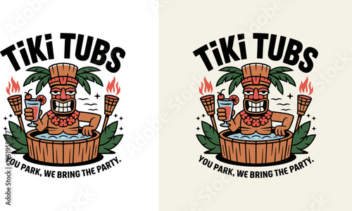 Tiki Character in Hot Tub Illustration, Tropical Party Mascot Logo, Flat Retro Cartoon Vector Art