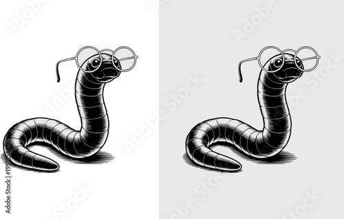 Vintage Engraving Style Bookworm Illustration with Glasses, Retro Woodcut Earthworm Mascot Isolated