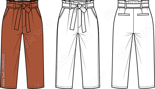 Women Paperbag Waist Pants Technical Flat Sketch, High Waisted Trousers Illustration Vector
