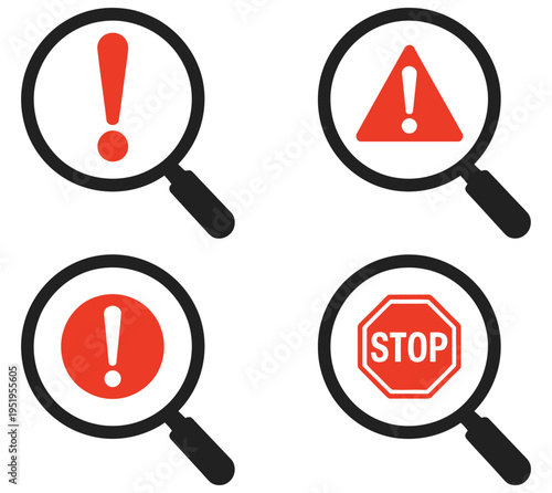 Warning and error icon with magnifying glass, representing inspection for problems, alert analysis, error detection, and attention-required process vector