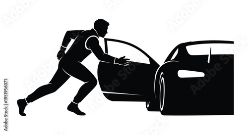 Vector silhouette of man pushing car
