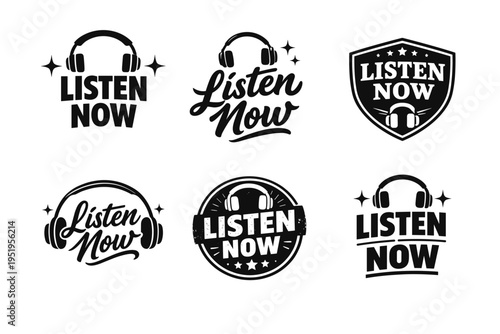 Listen now logo set with headphones and stars - black and white designs