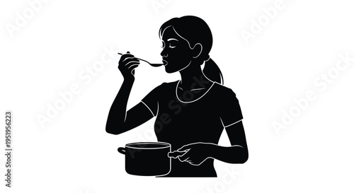 Black silhouette of woman eating from a pot vector