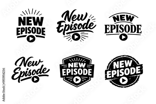 Collection of 6 unique new episode banner designs with play button icons