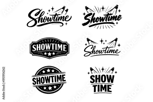 Vintage showtime logos collection with spotlights and stars