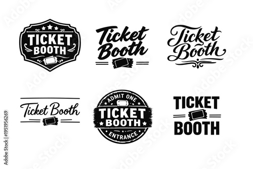 Vintage ticket booth logos collection with retro typography and design styles