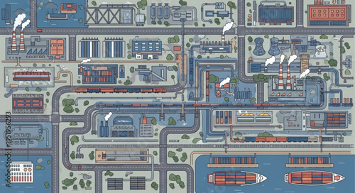 Detailed Industrial Complex Layout with Ships and Infrastructure.