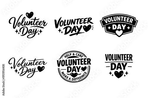 Volunteer day logos with heart designs and inspiring calligraphy