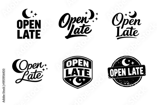 Collection of open late signs with moon and stars designs in black and white