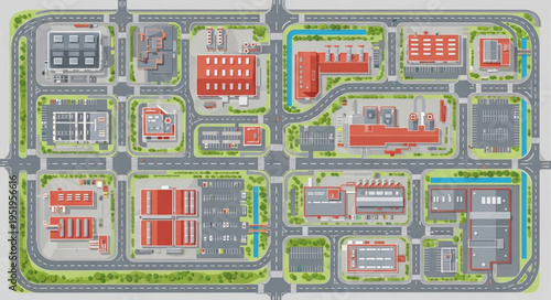 Detailed Urban Planning Layout with Buildings and Green Spaces.